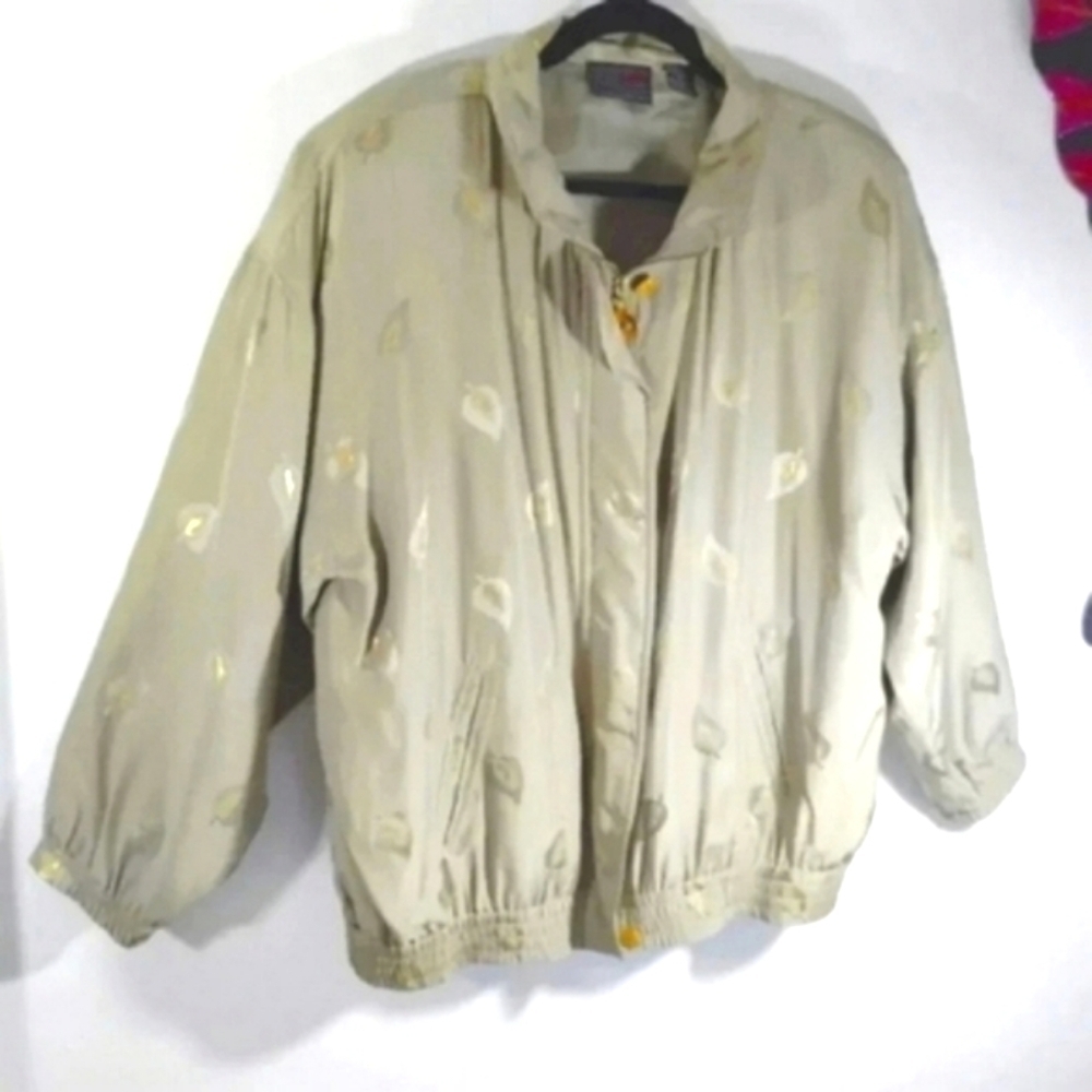 Vintage Mureli Silk Bomber Jacket Sage Green With Feather Pattern